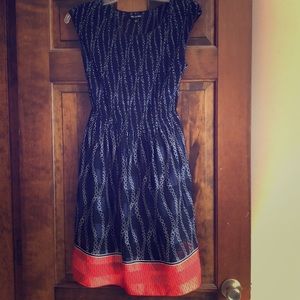 Blue, white, and coral flowing dress